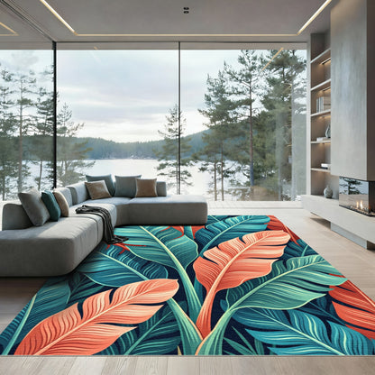 Vibrant Teal and Coral Tropical Leaf Rug