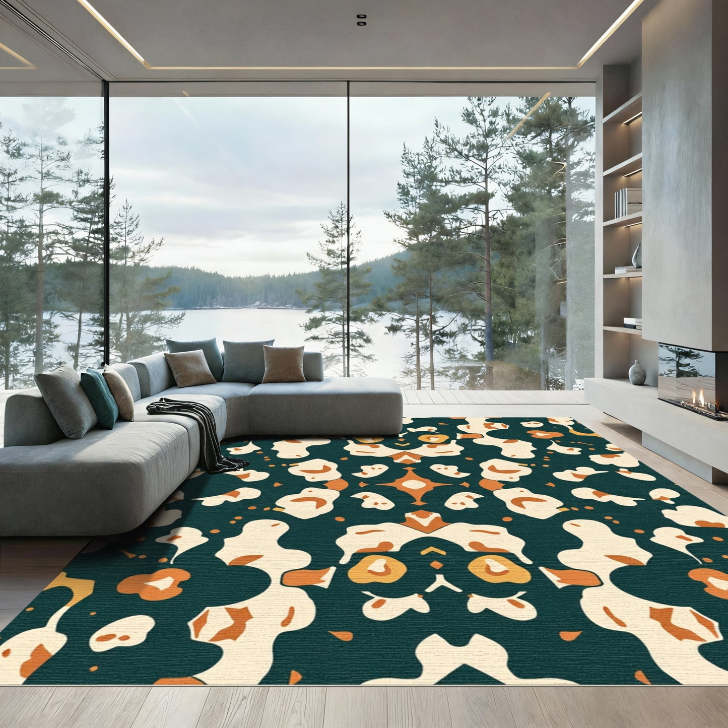 Teal Orange Cream Abstract Organic Shapes Rug