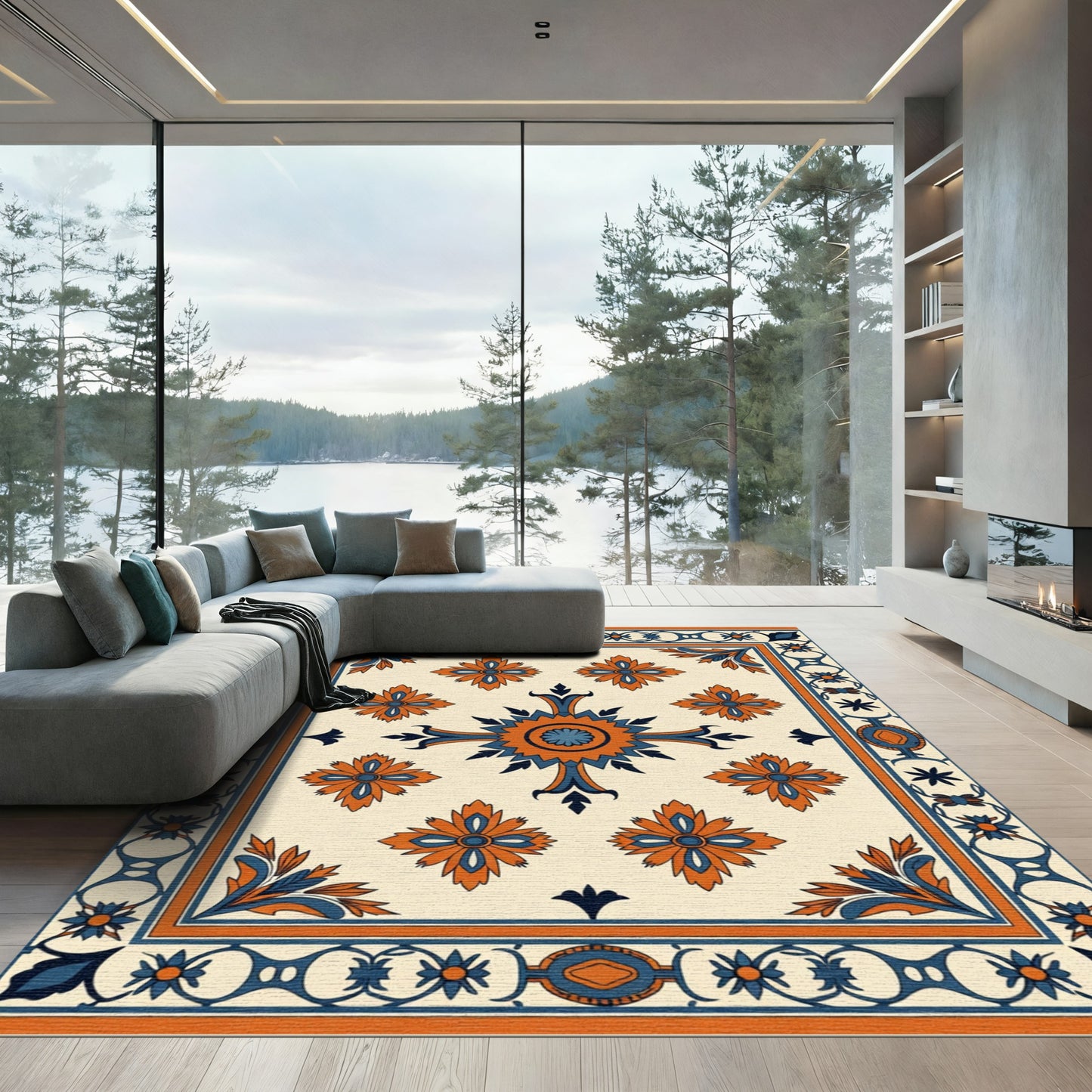 Orange Blue Floral Intricate Border Rug