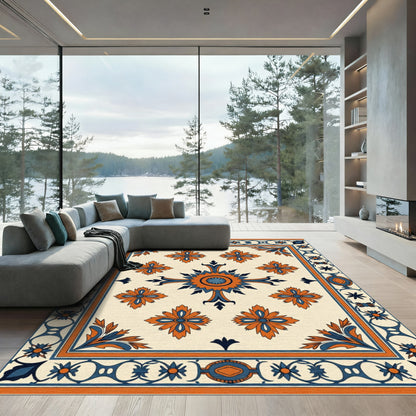 Orange Blue Floral Intricate Border Rug