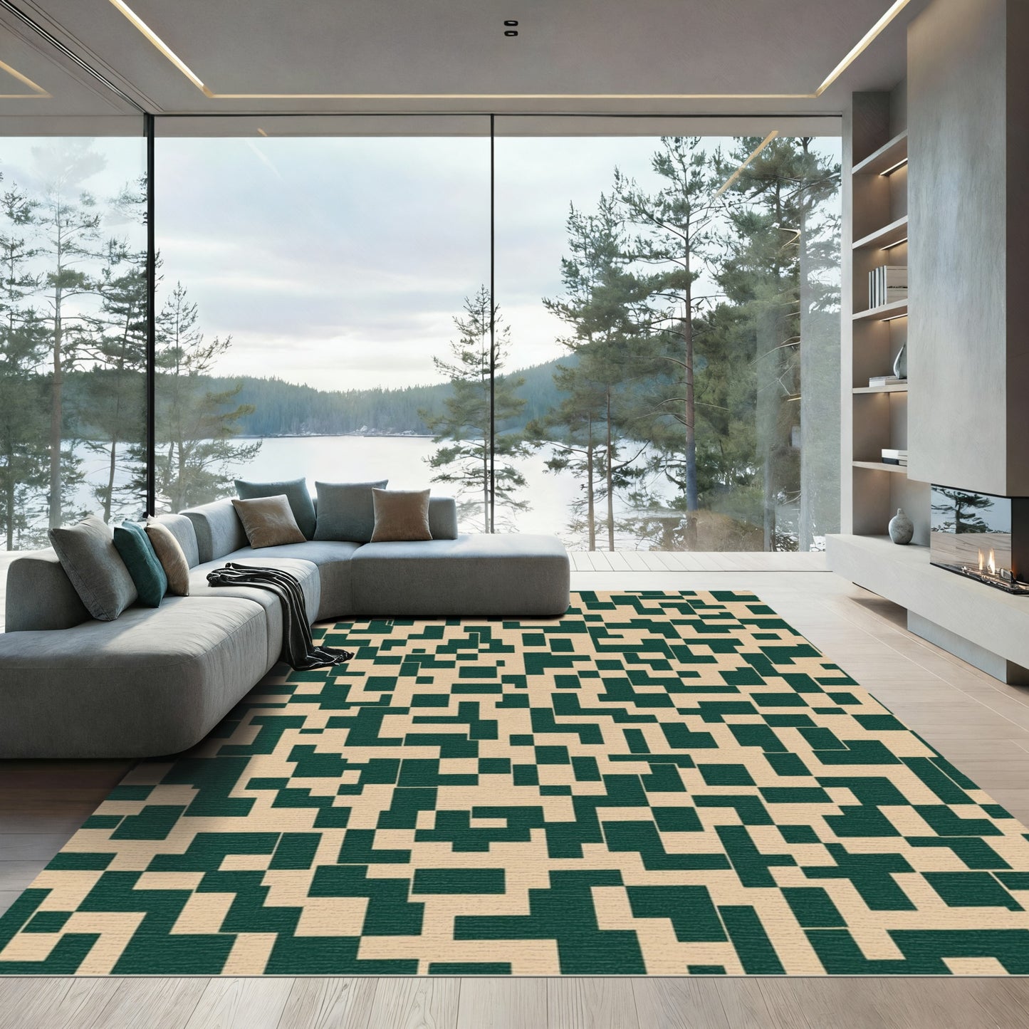 Green Tan Abstract Square Collage Rug