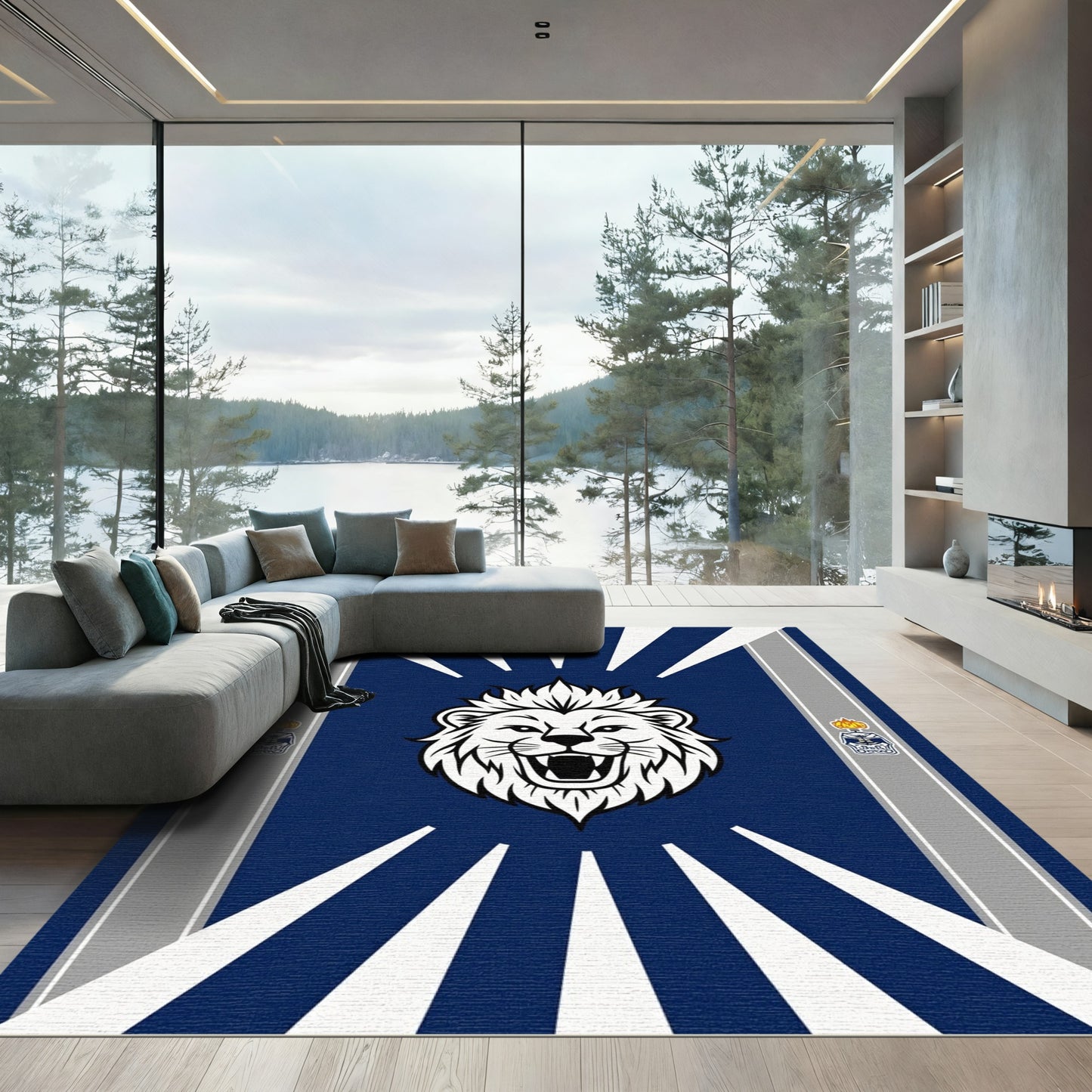 Bold Blue Lion Crest Radiating Rays Rug