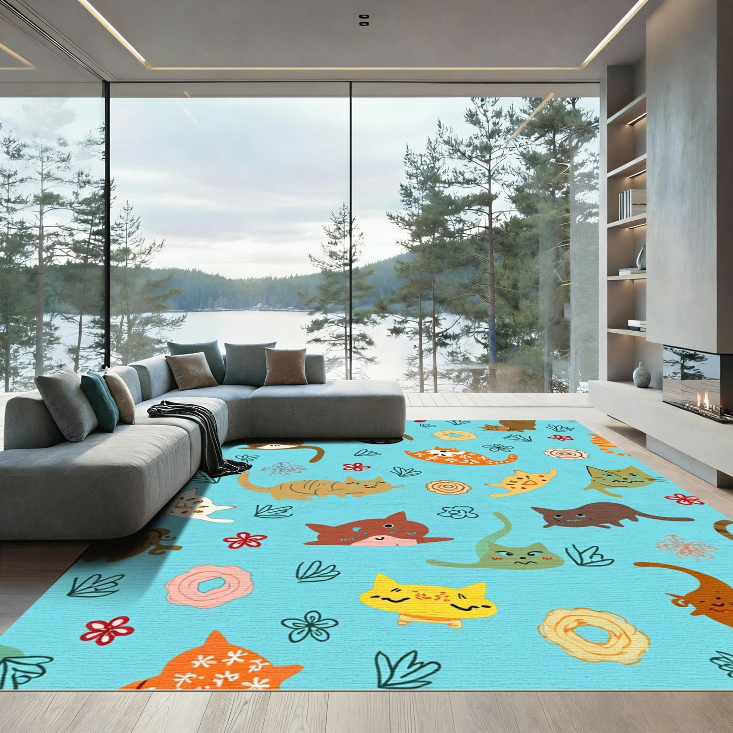 Playful Calico Cat Flower Scatter Rug