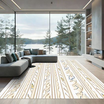 Neutral Cream Floral Vine Stripe Rug