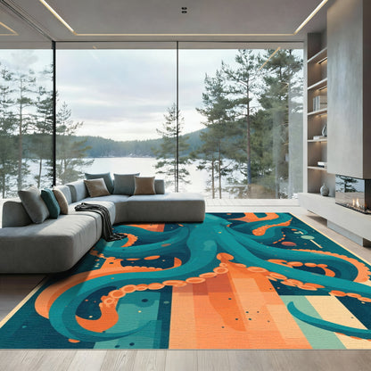 Teal Octopus Orange Abstract Waves Rug