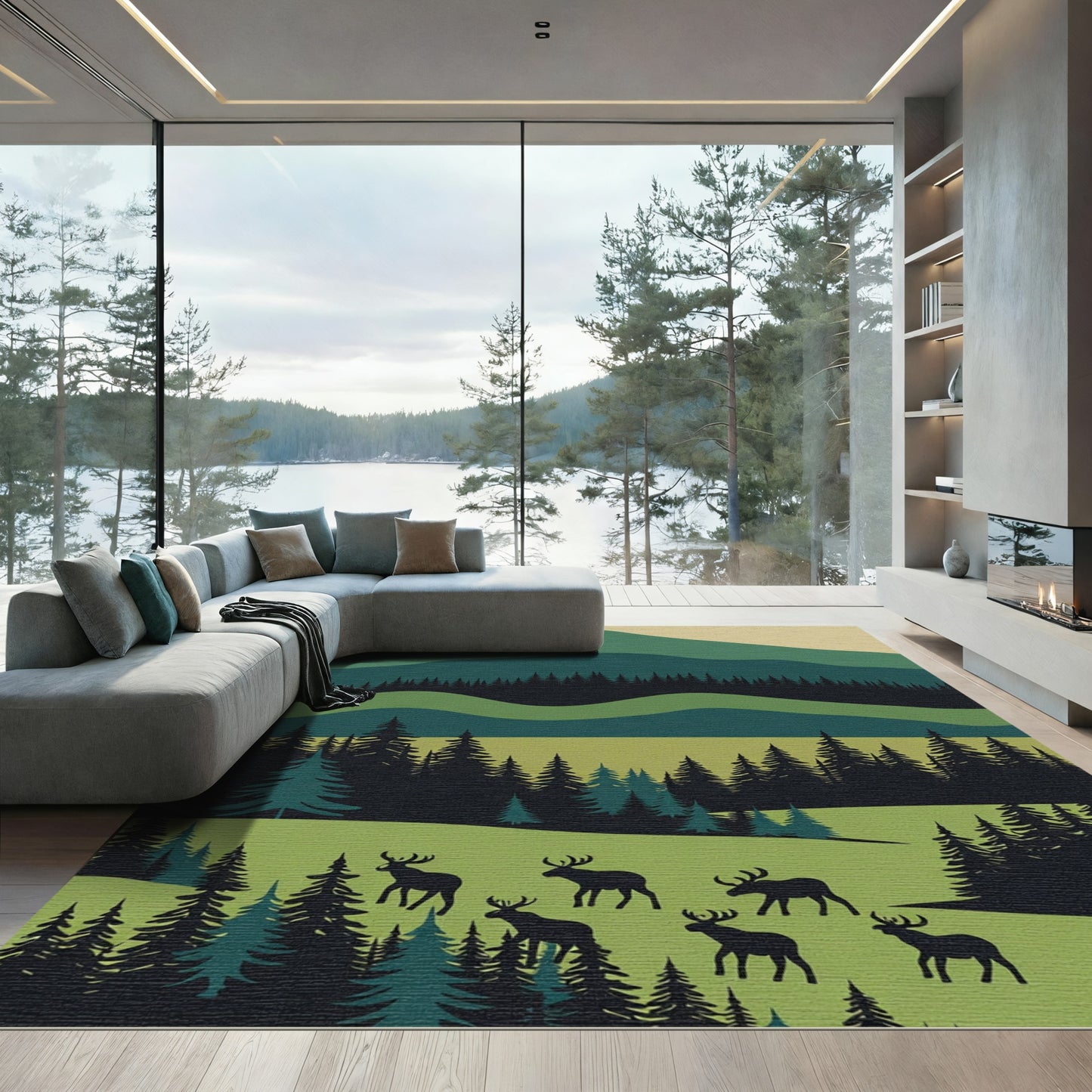 Woodland Elk Meadow Green Landscape Rug