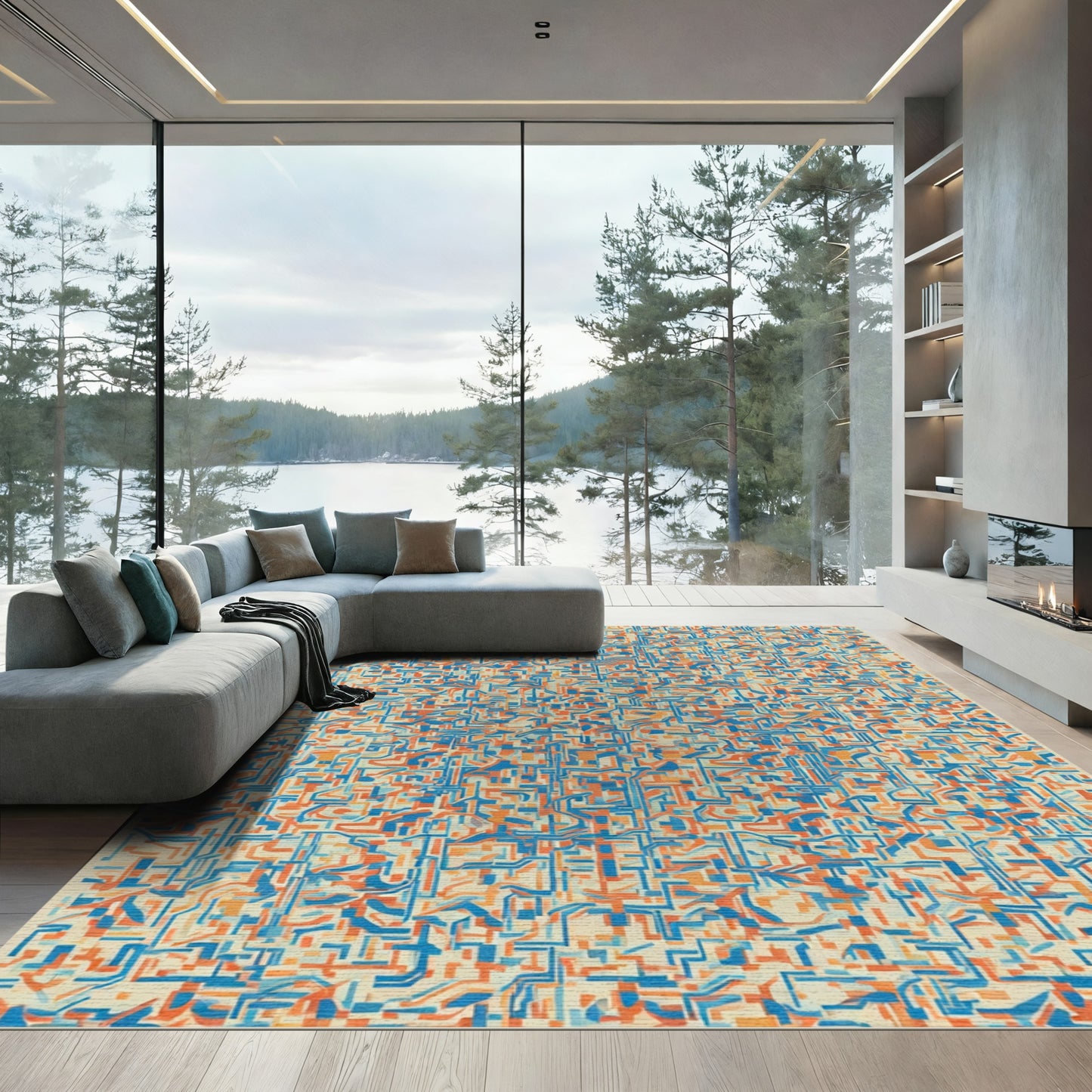 Orange Blue Complex Labyrinth Lines Rug