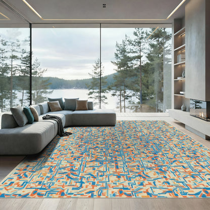 Orange Blue Complex Labyrinth Lines Rug