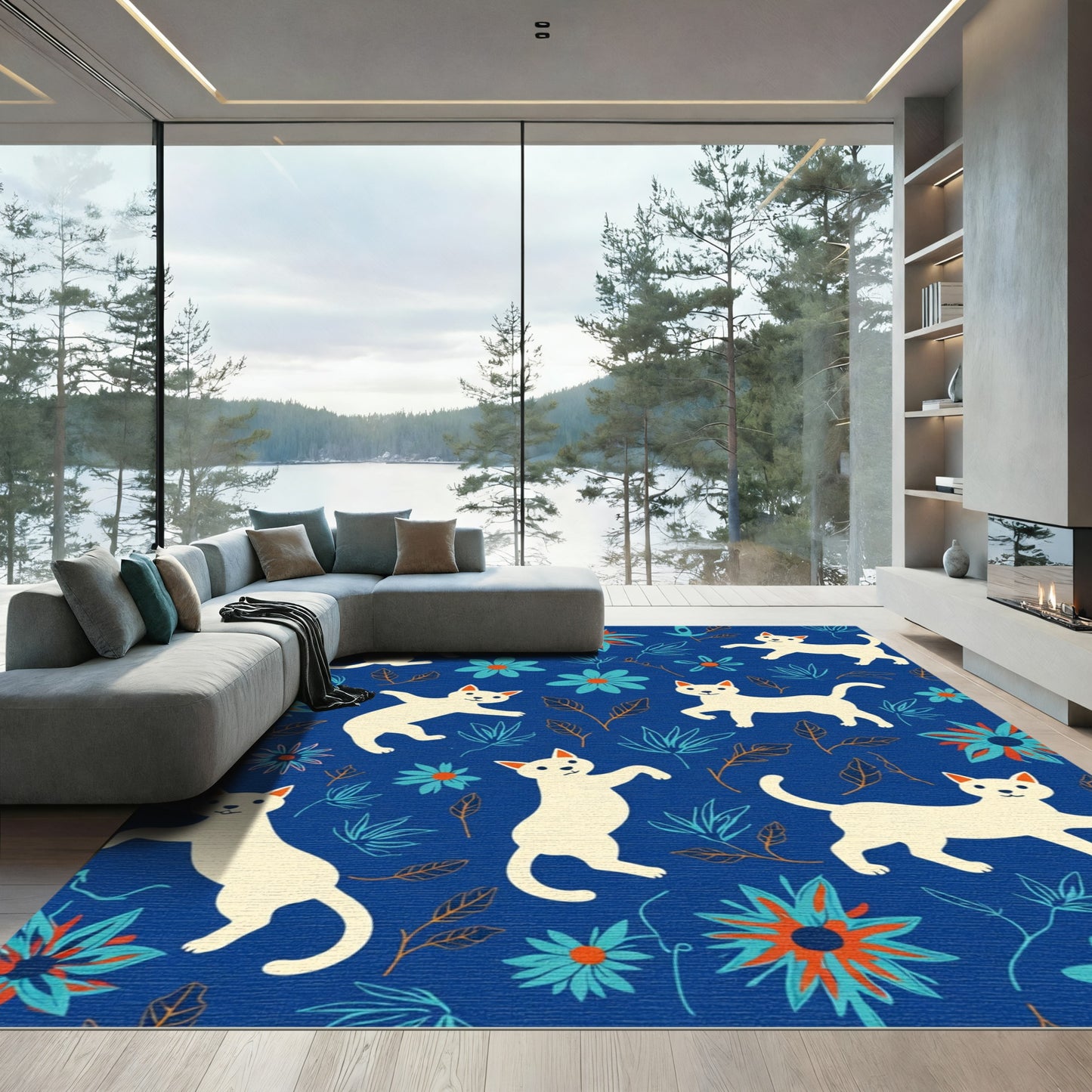 Whimsical White Cats Floral Blue Rug