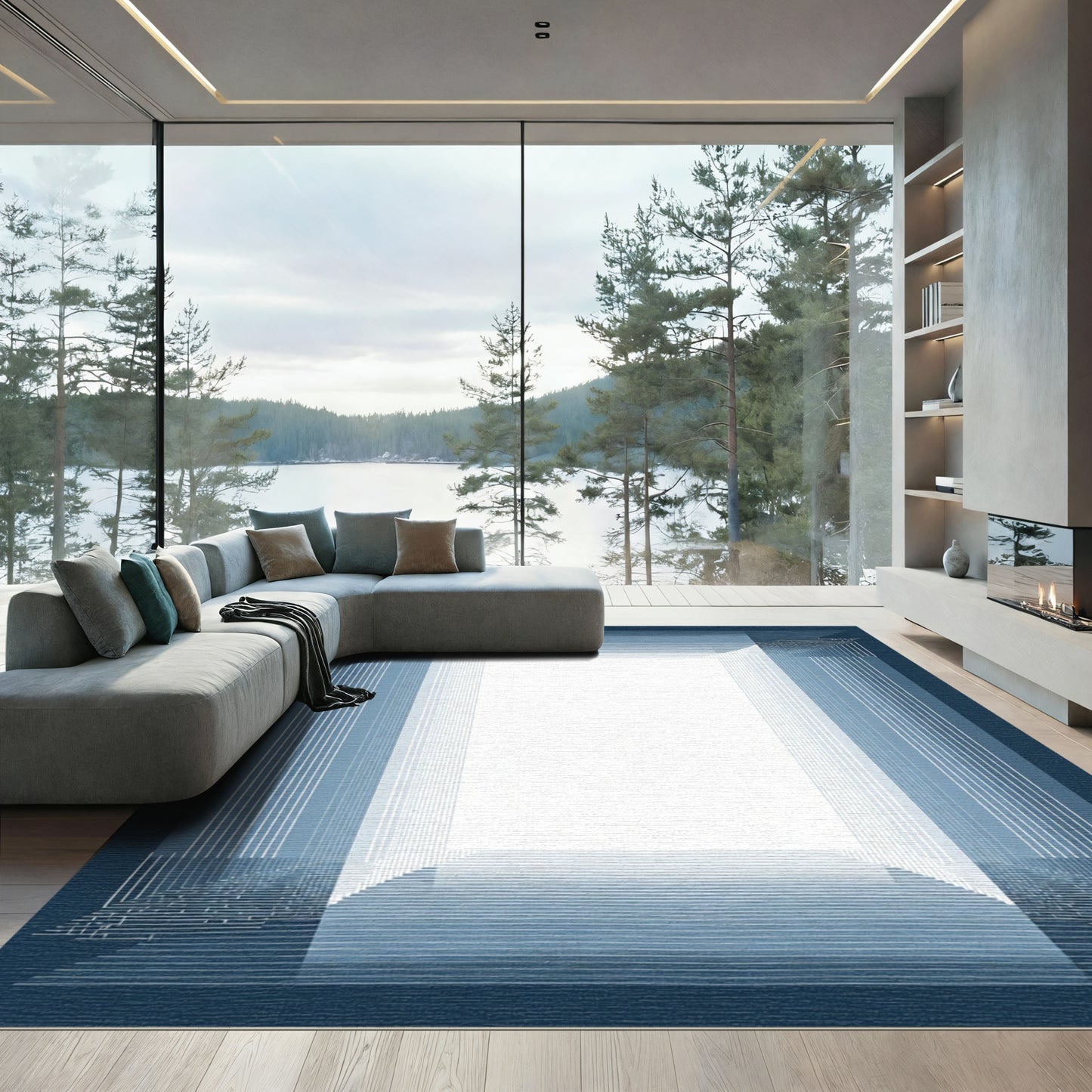 Deep Blue Layered Geometric Perspective Rug