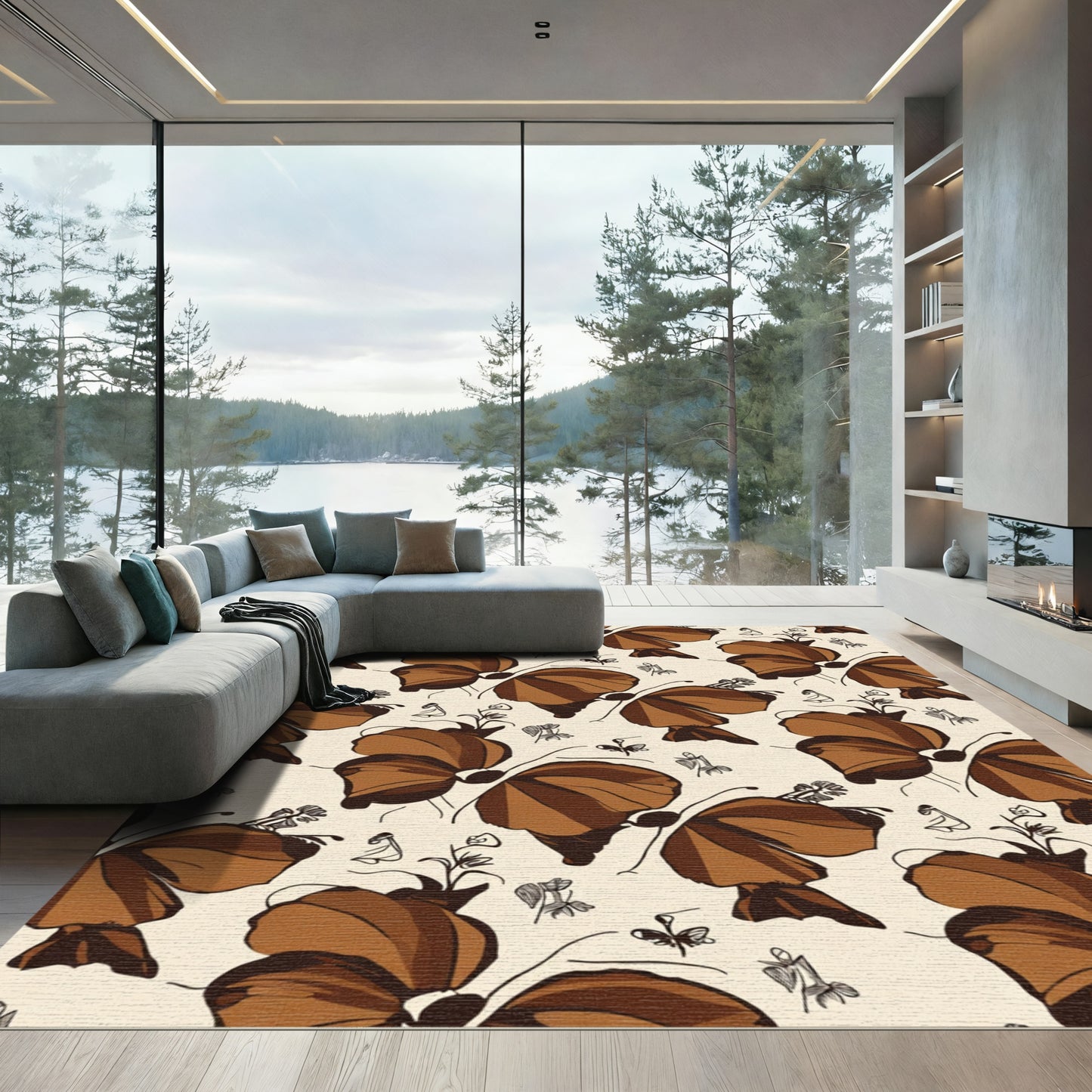 Brown Butterfly Floral Arrangement Rug