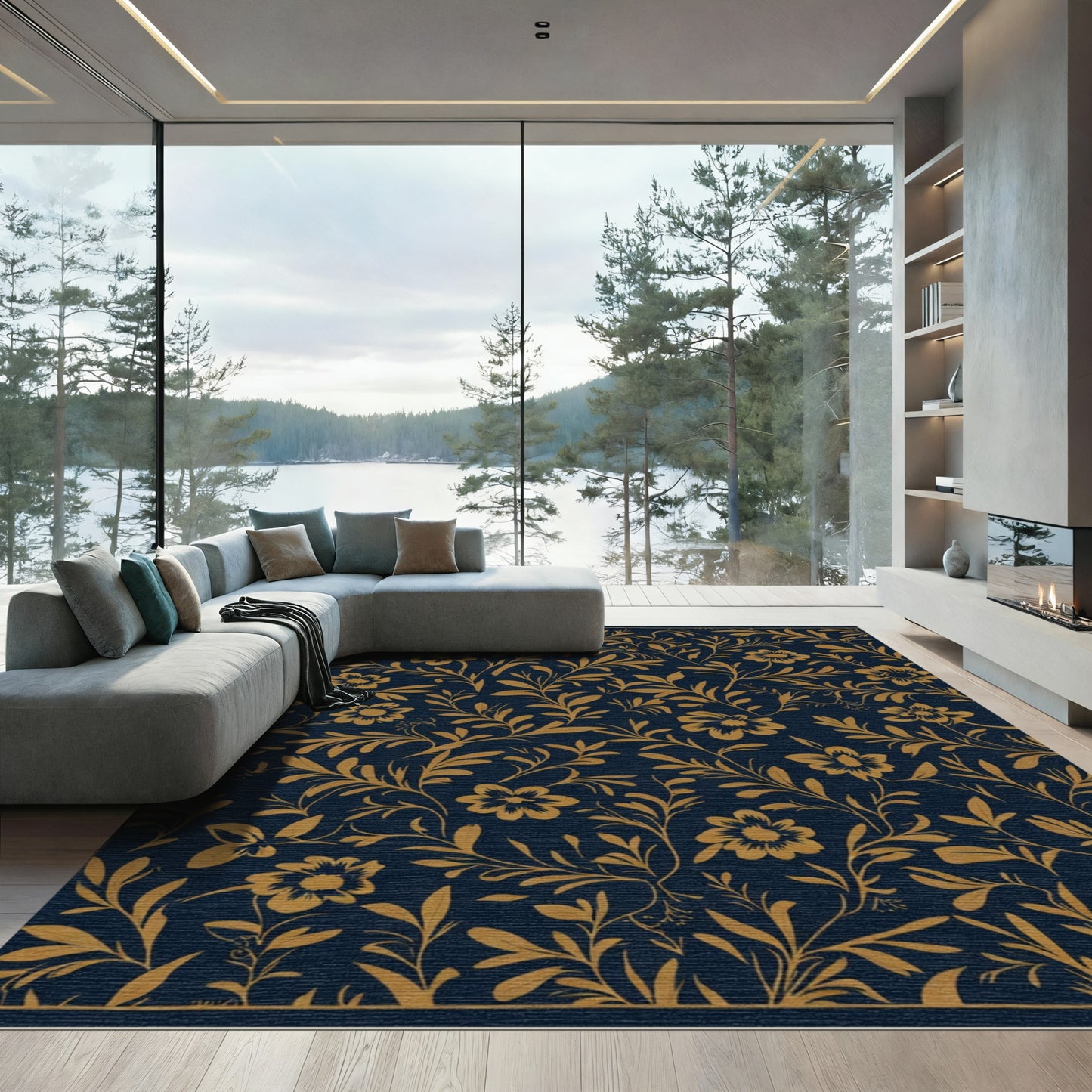 Gold Floral Vinery Dark Blue Rug
