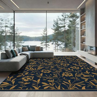 Gold Floral Vinery Dark Blue Rug