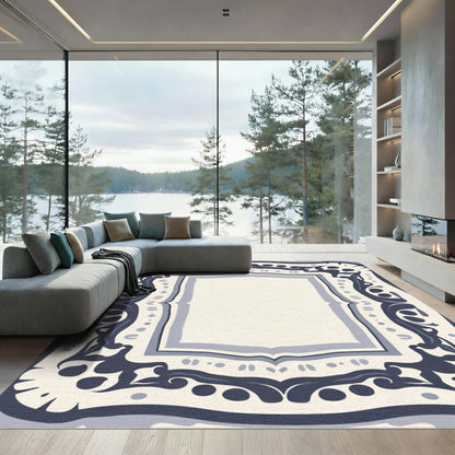 Dark Blue Cream Ornamental Frame Rug
