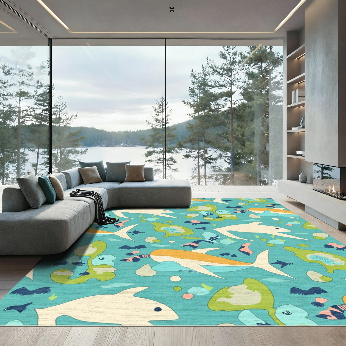 Whimsical Ocean Shark Underwater Scene Rug