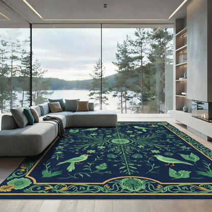 Green Birds In Verdant Floral Border Rug