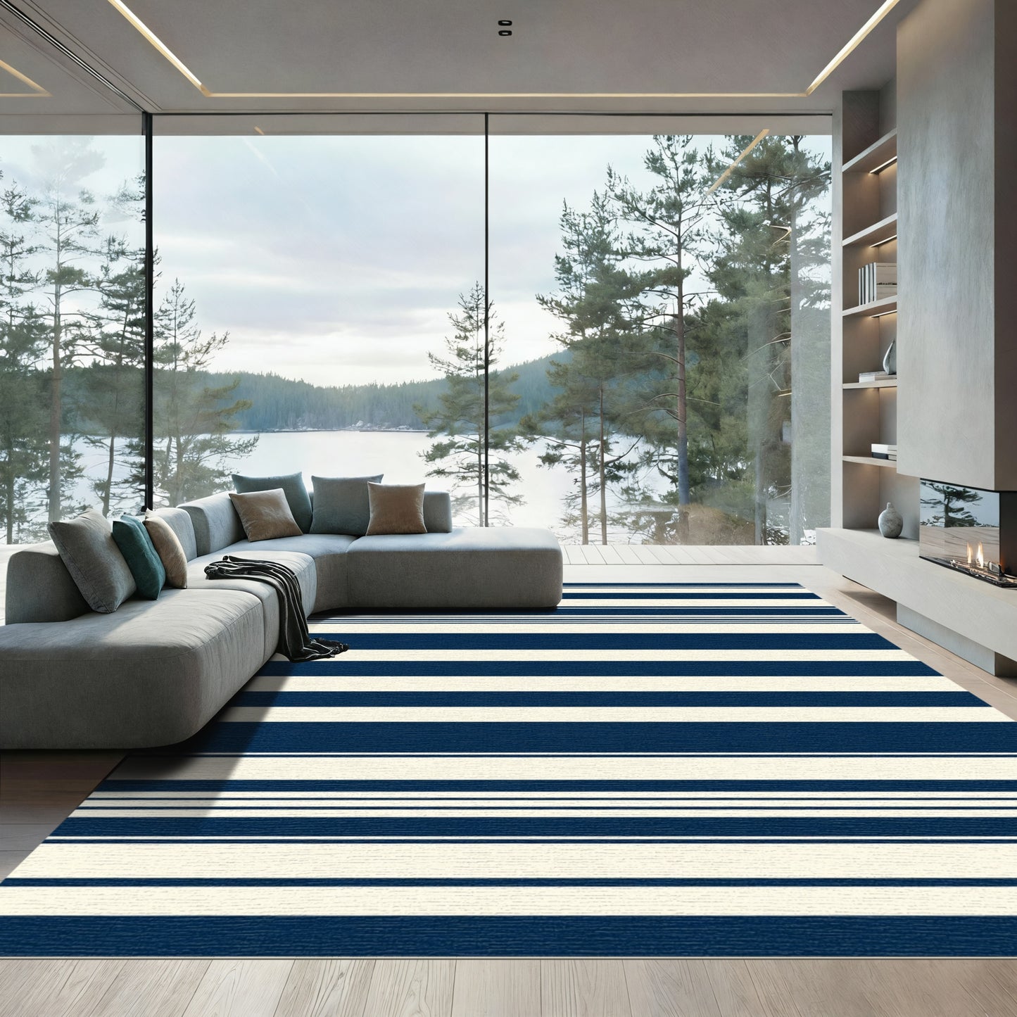 Deep Blue Cream Striped Rug