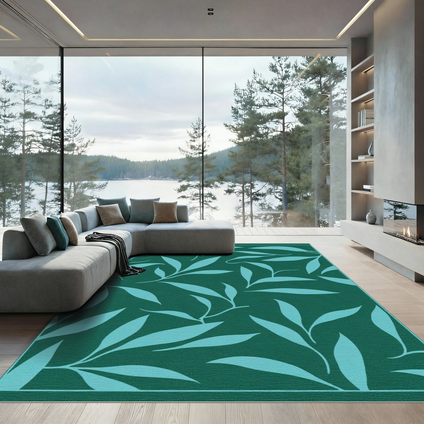 Deep Teal Leaf Branch Arrangement Rug