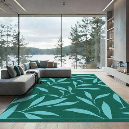Deep Teal Leaf Branch Arrangement Rug