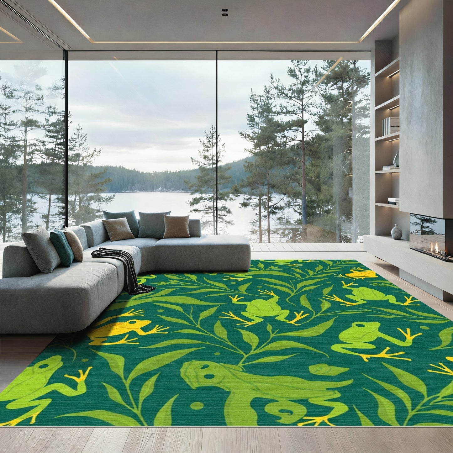 Green Frogs Yellow Foliage Pattern Rug