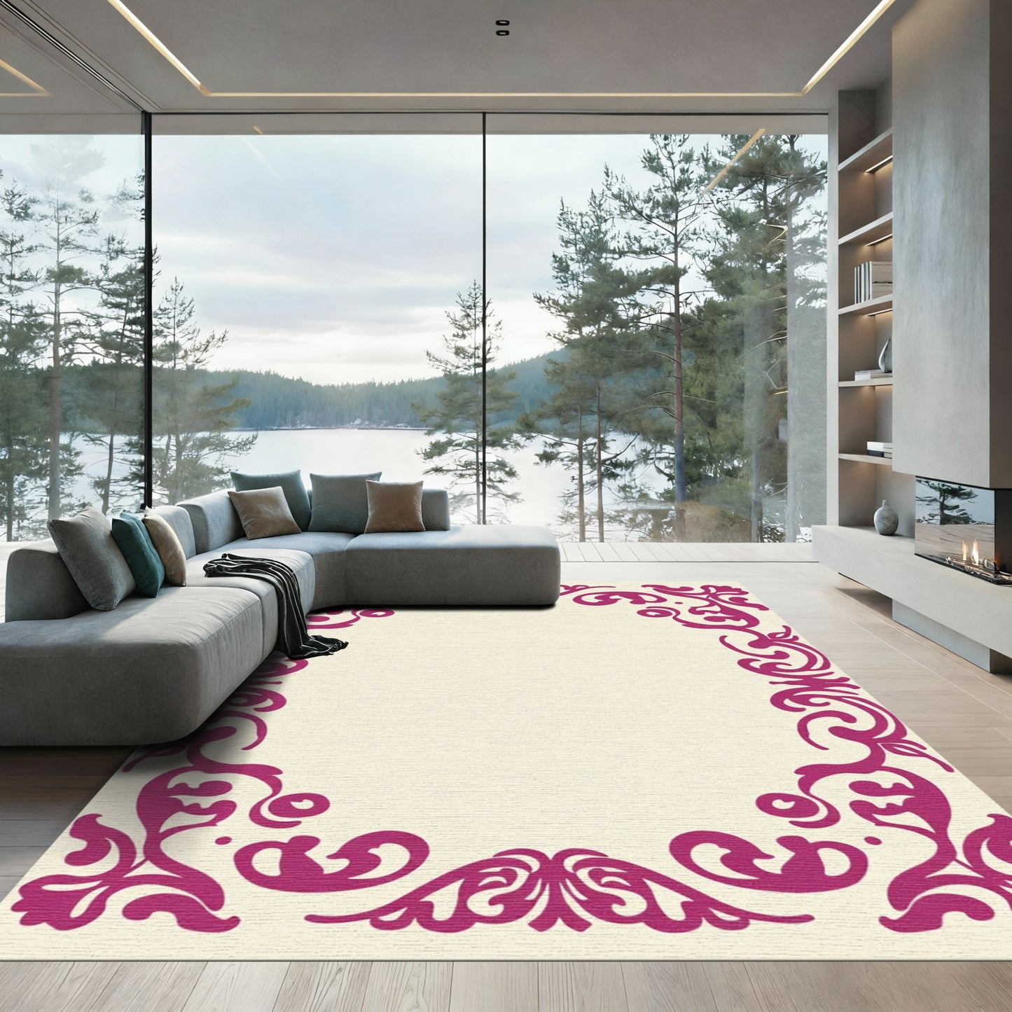 Deep Magenta Floral Scroll Frame Rug