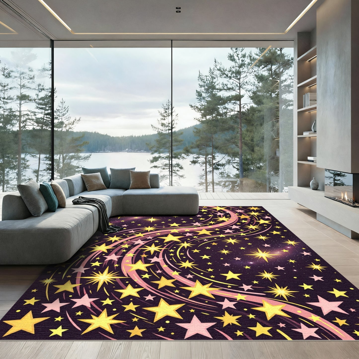 Whimsical Dark Purple Golden Starry Sky Rug