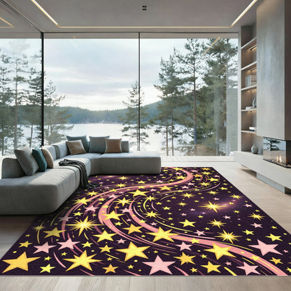 Whimsical Dark Purple Golden Starry Sky Rug