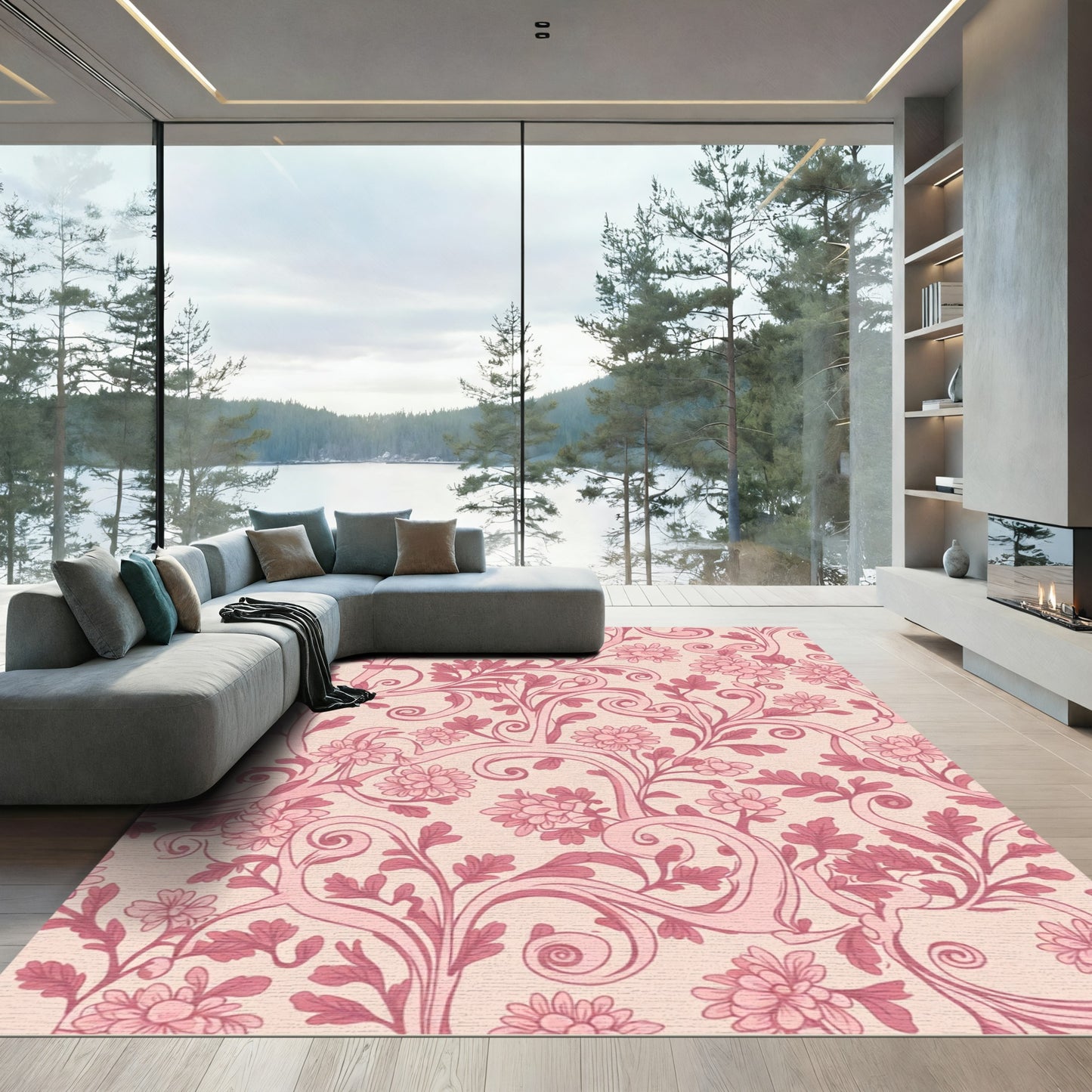Rose Pink Floral Scrollwork Rug