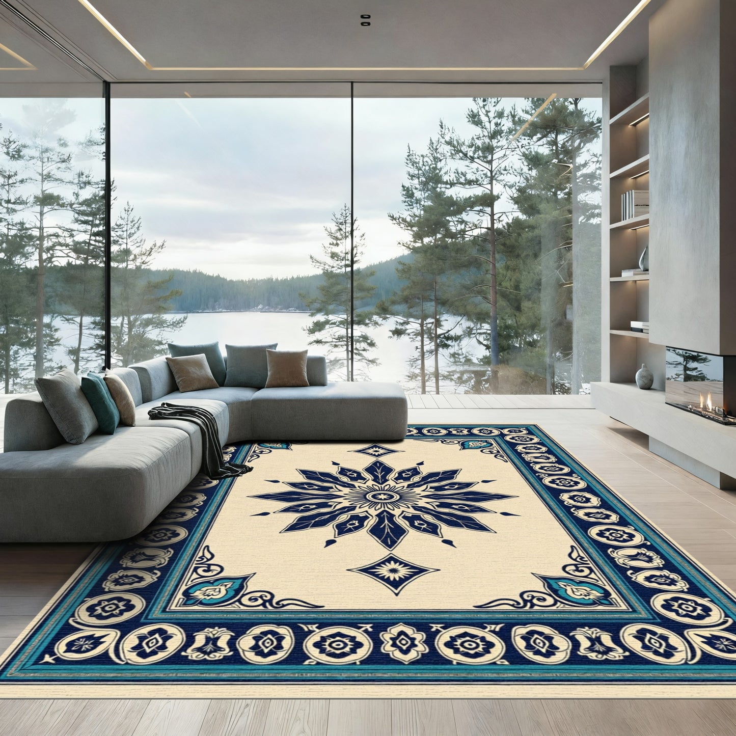 Navy Blue Central Floral Diamond Border Rug