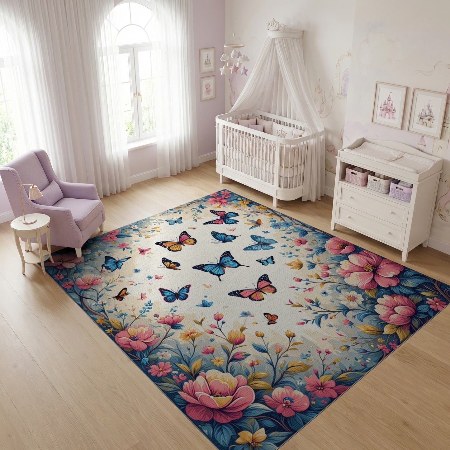 Pink Blue Butterfly Floral Whimsical Rug