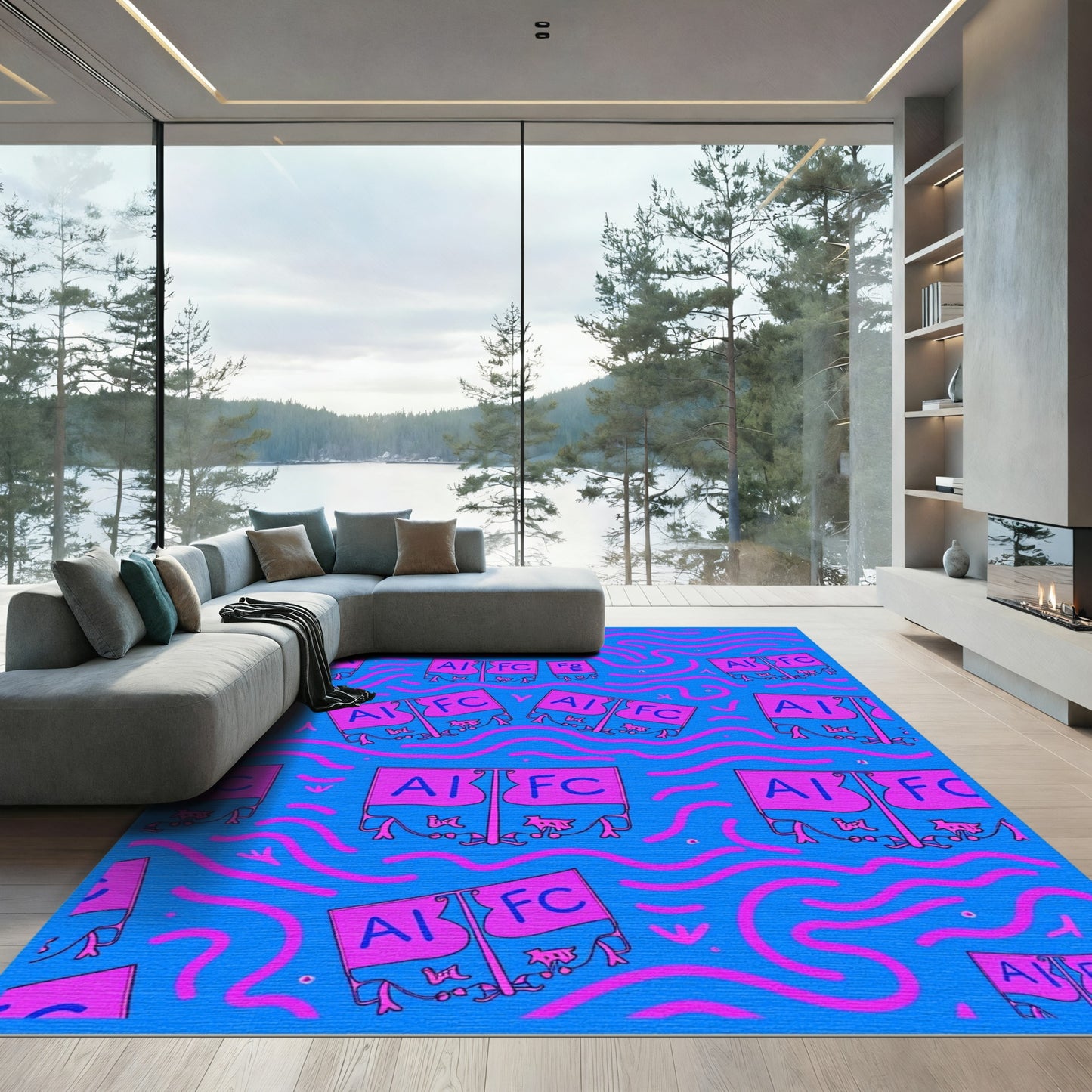Pink Flags Blue Wavy Lines Rug