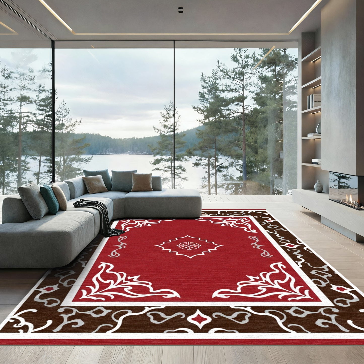 Crimson White Scrollwork Mandala Rug