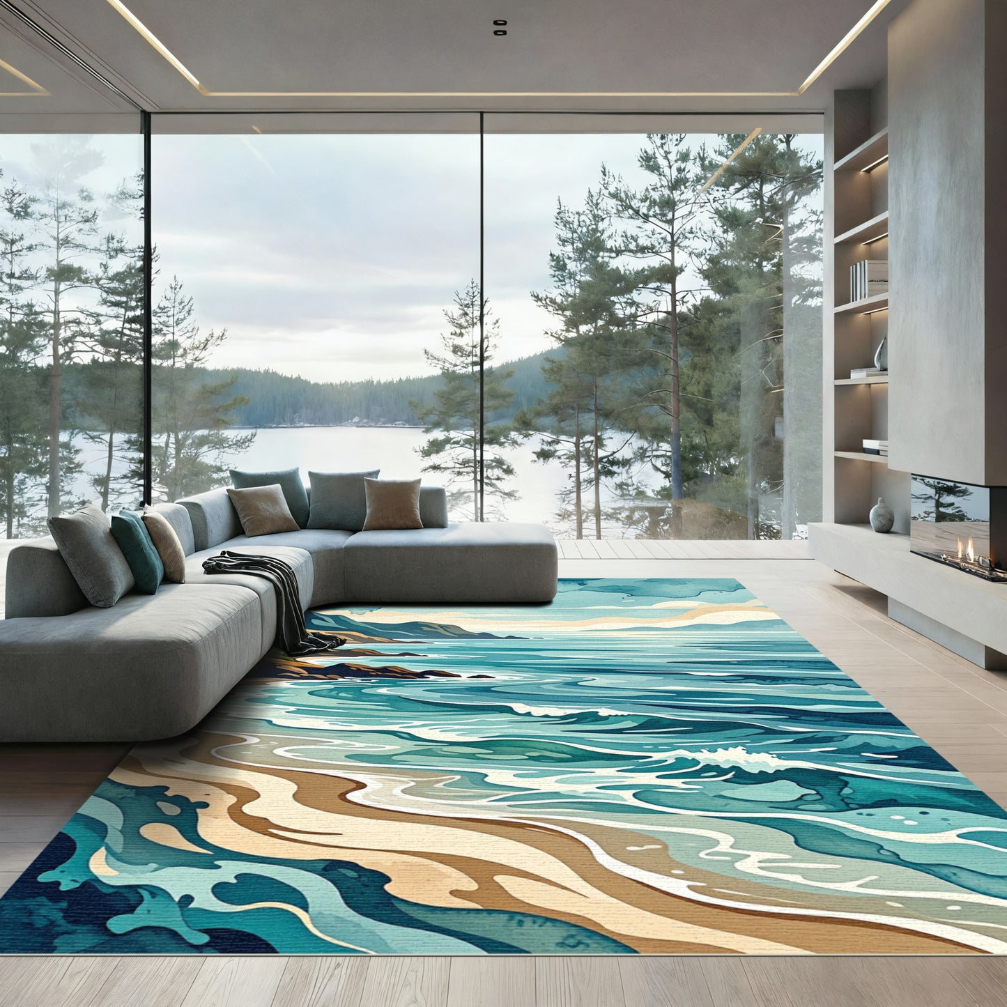 Coastal Blue Abstract Ocean Wave Landscape Rug