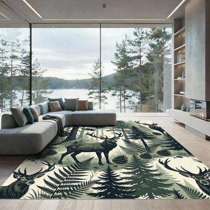 Earthy Forest Deer Woodland Pine Rug