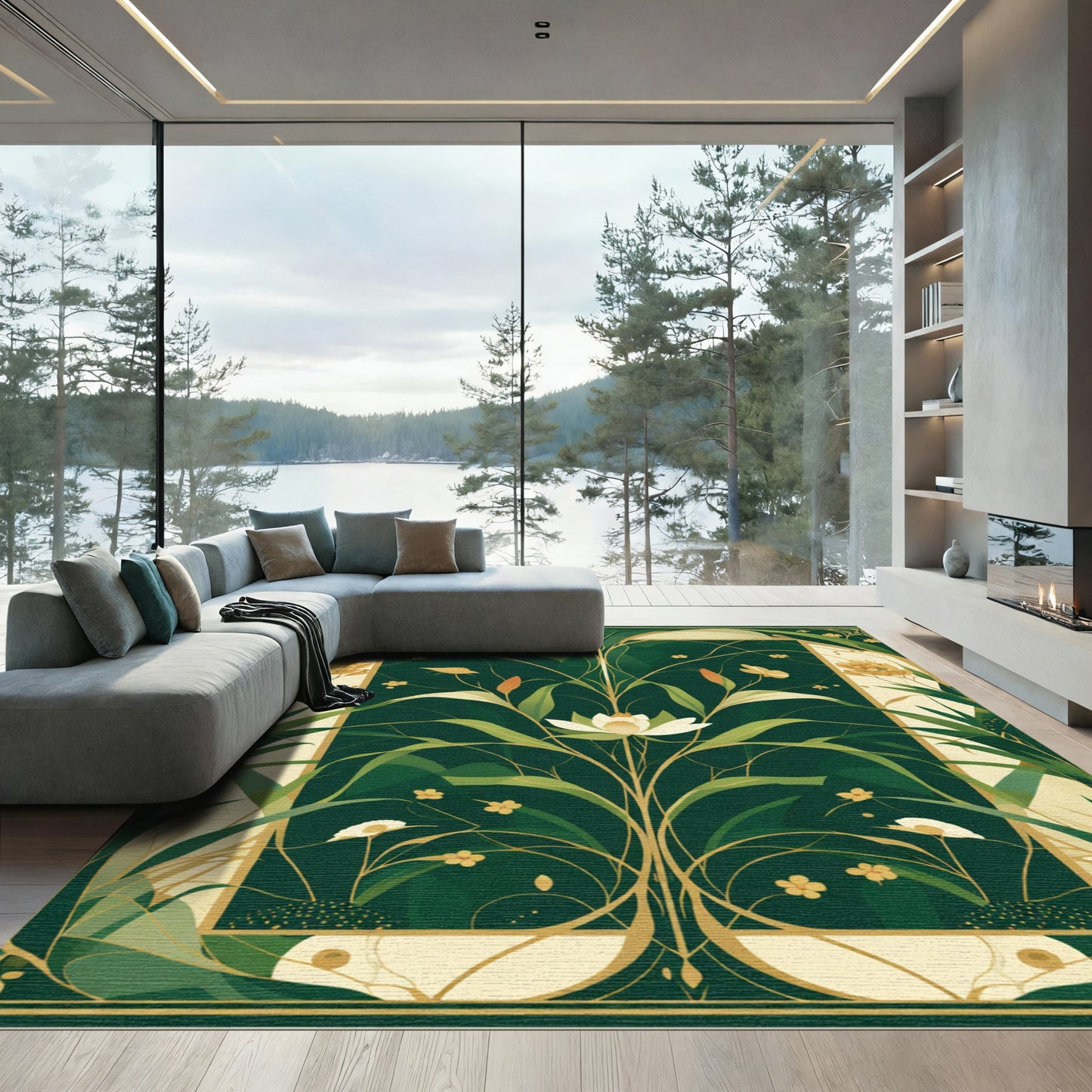 Art Nouveau Green Gold Floral Garden Rug