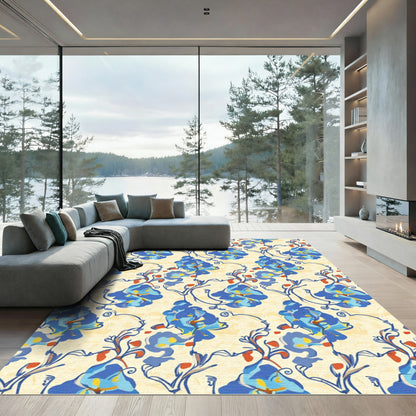 Blue Floral Vine Cream Background Rug