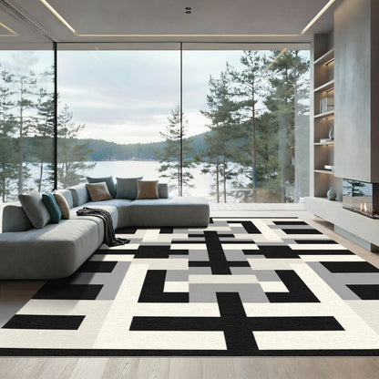 Modern Black White Geometric Abstract Rug