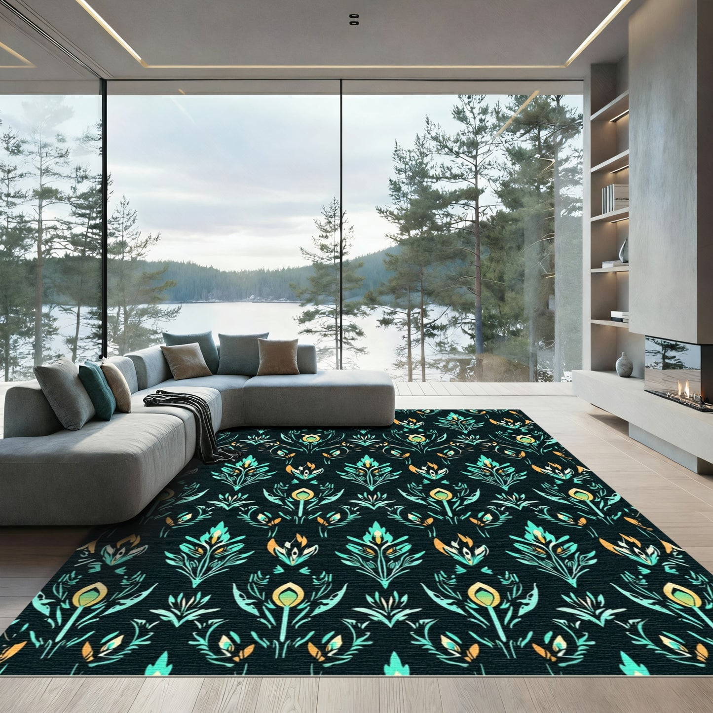 Teal Orange Floral Damask Tapestry Rug