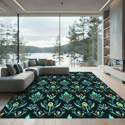 Teal Orange Floral Damask Tapestry Rug