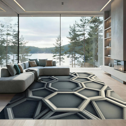 Modern Deep Gray Geometric Hexagon Rug
