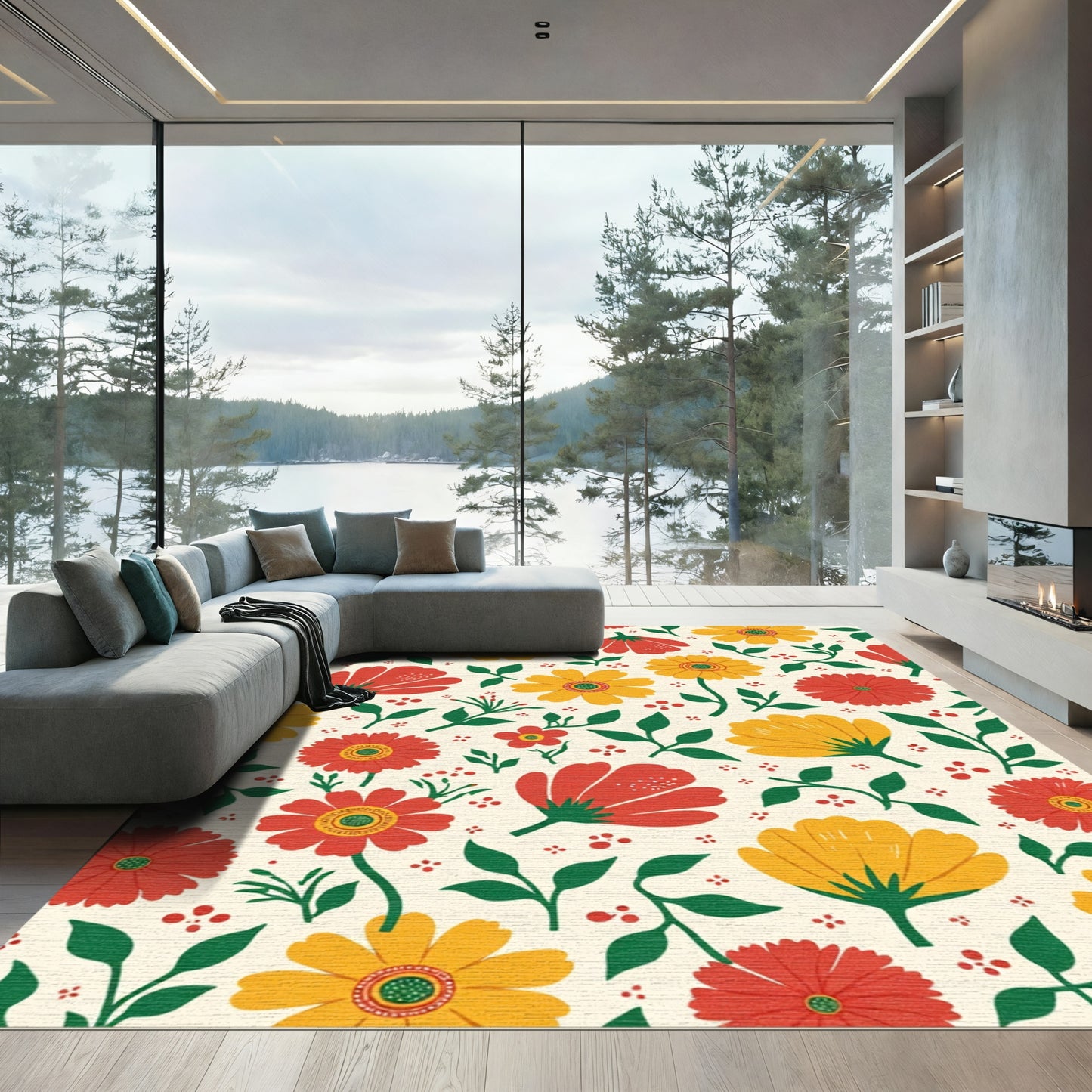 Red Yellow Floral Garden Burst Rug