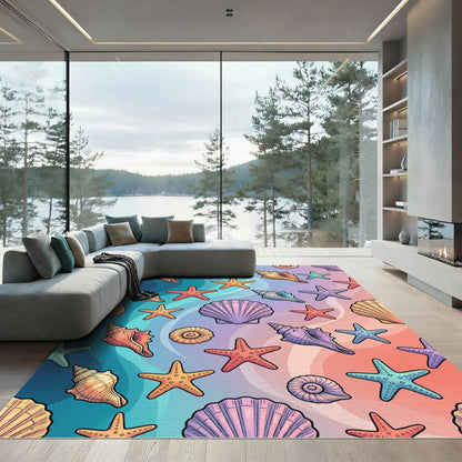 Coastal Pastel Shell and Starfish Illustration Rug