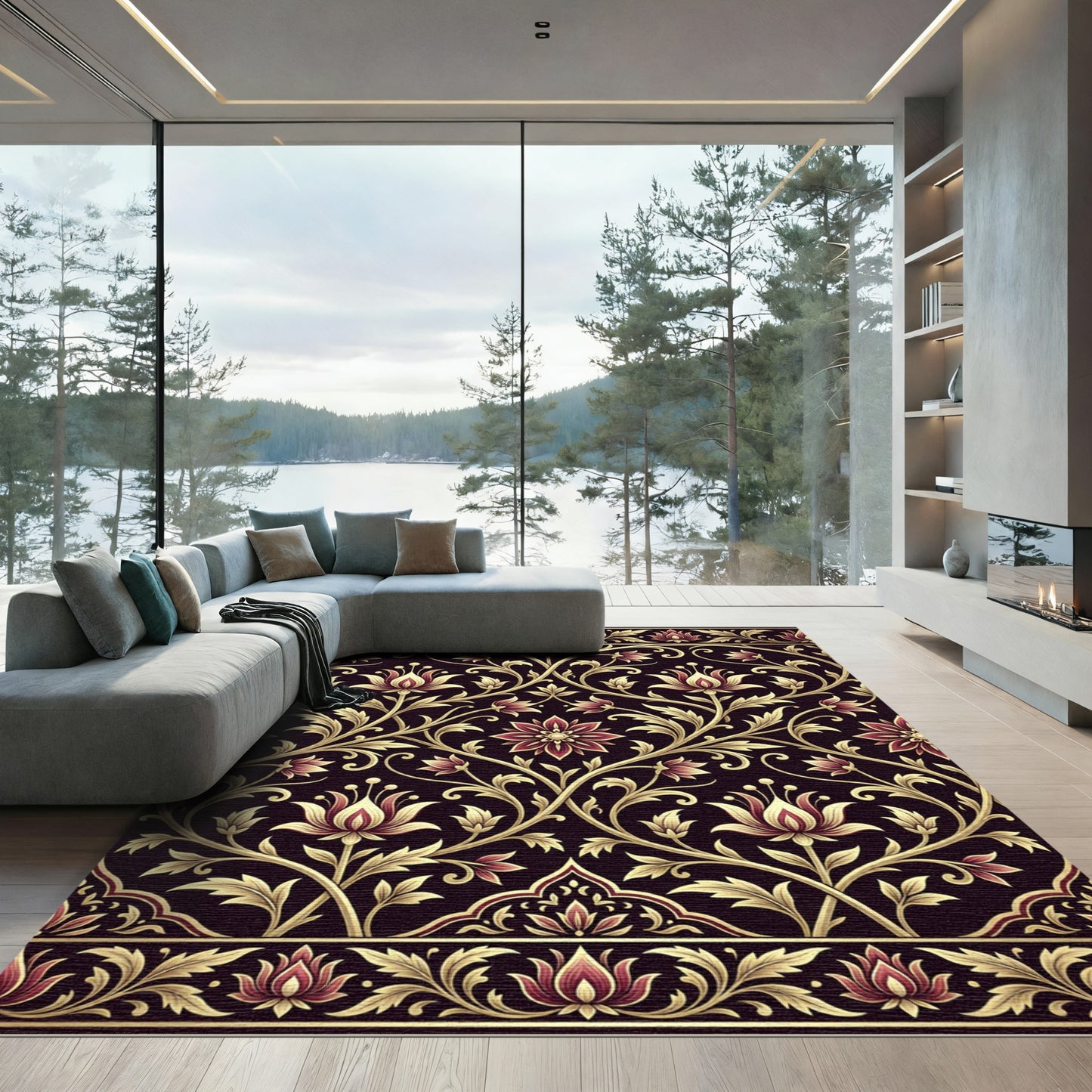 Regal Crimson Gold Floral Swirls Rug