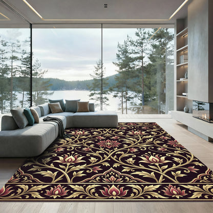 Regal Crimson Gold Floral Swirls Rug
