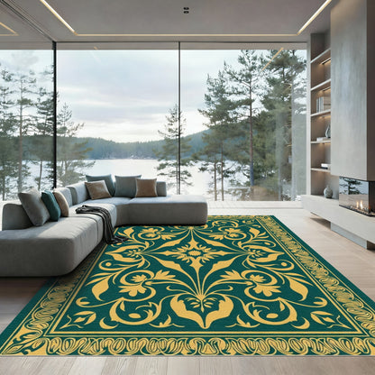 Deep Teal Gold Floral Medallion Rug