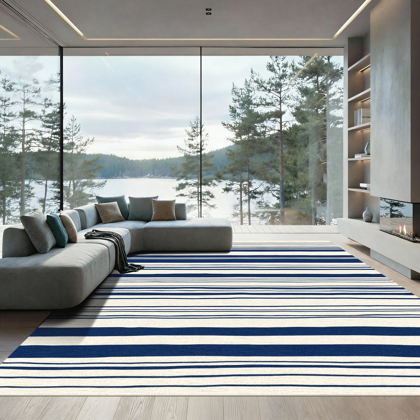 Navy Blue Cream Stripe Textural Rug