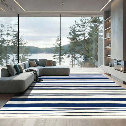 Navy Blue Cream Stripe Textural Rug