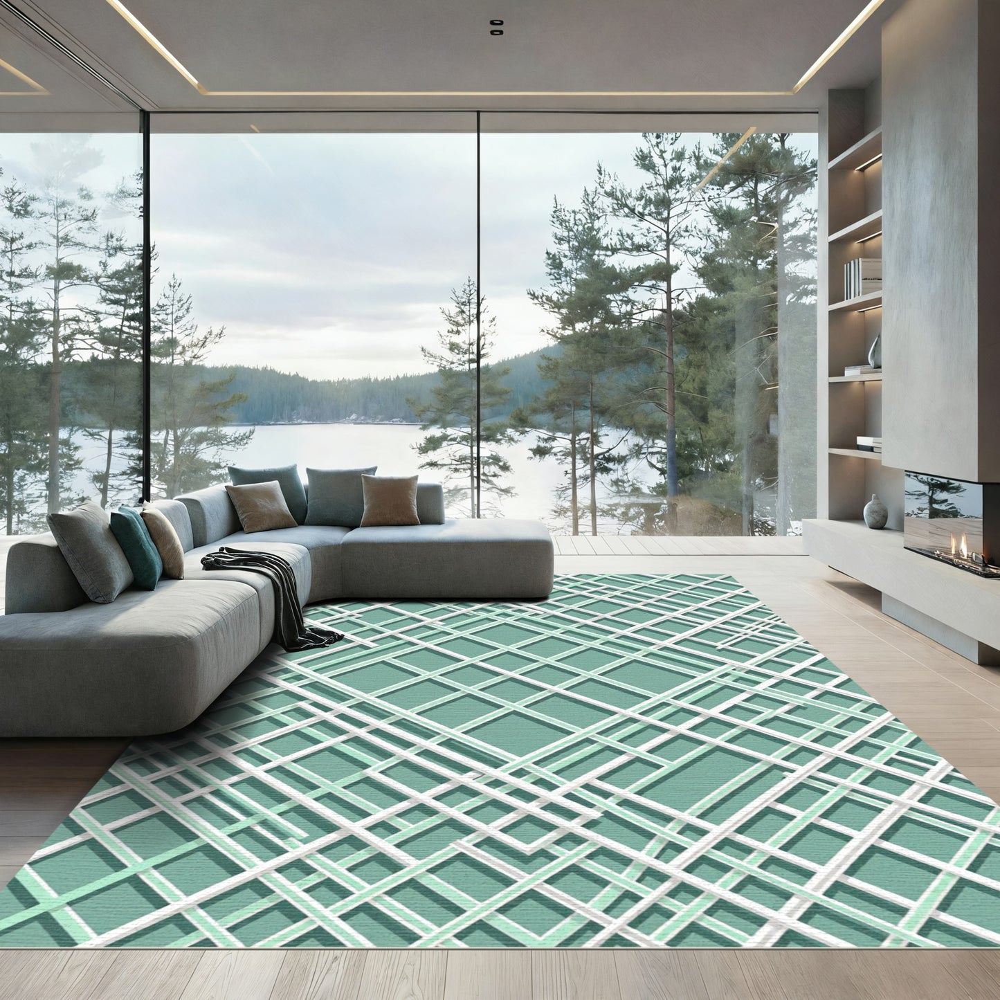 Sage Green Modern Intersecting Geometric Grid Rug