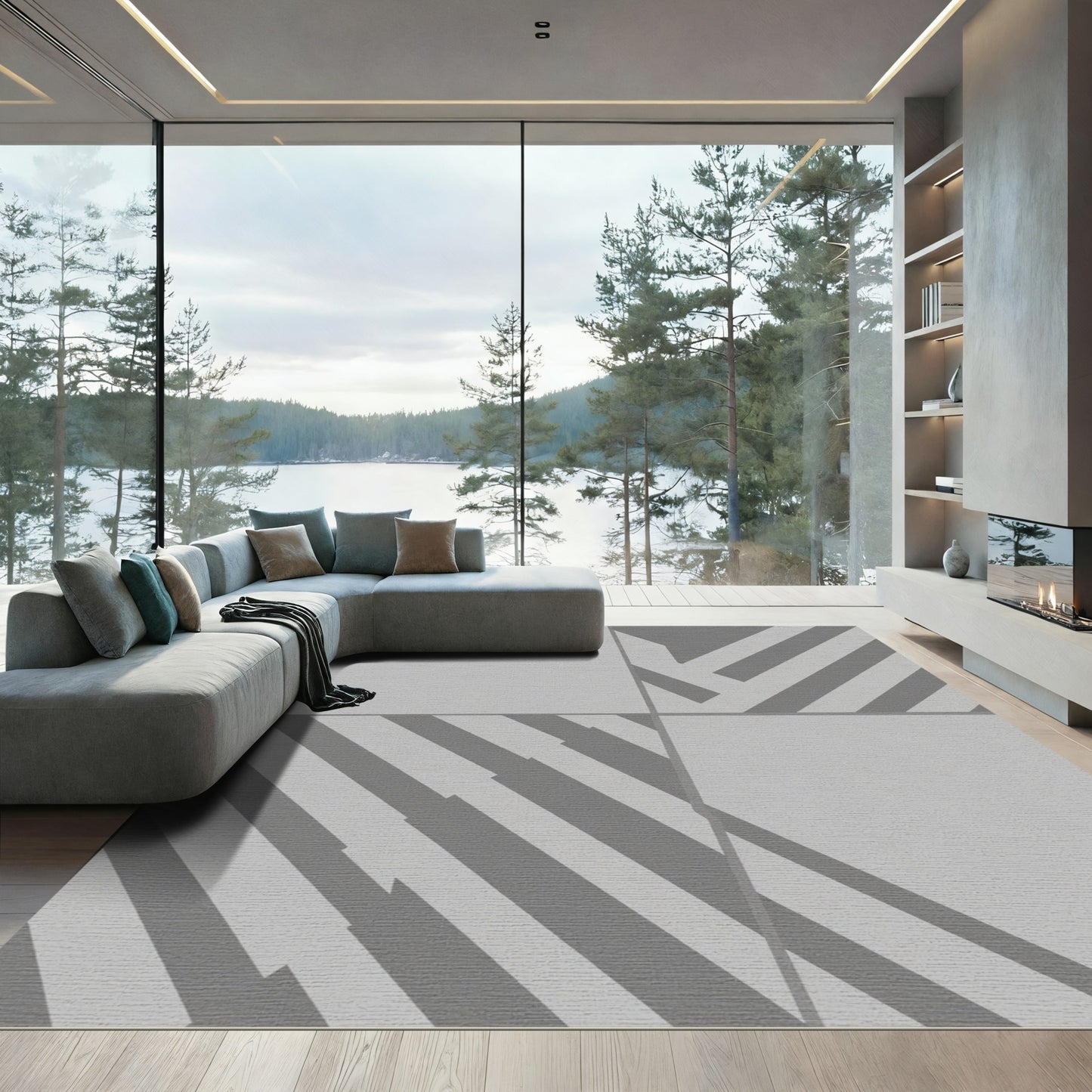 Gray Geometric Diagonal Stripe Rug