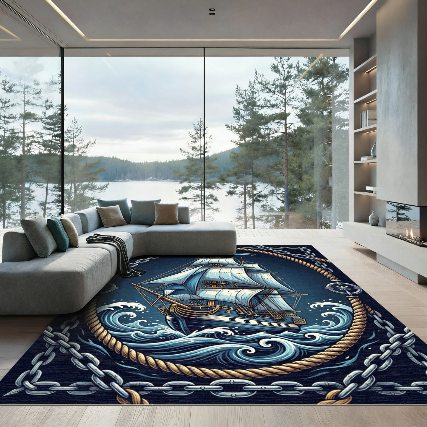 Nautical Tall Ship Ocean Waves Rug